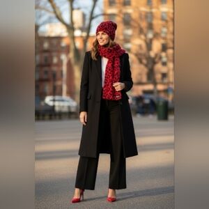 Red animal print 2pcs scarf and beenie set. DKNY.